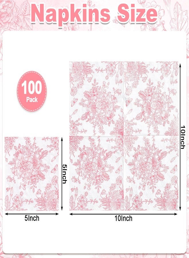 NatNarr 100 Pcs Pink Floral Napkins, Valentines Napkins Pink and White Toile Cocktail Napkin Vintage Flower Butterfly Design Decoupage Napkin for Easter, Wedding, Bridal Baby Shower, Tea Party - Image 2